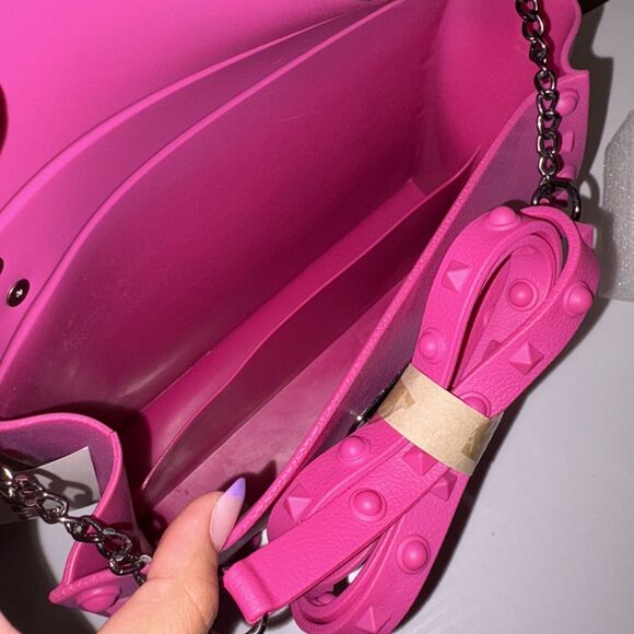 Hot Pink Handbag Spiky Studded Over Flap Top Handle Purse Bold Shoulder Strap - Picture 5 of 9